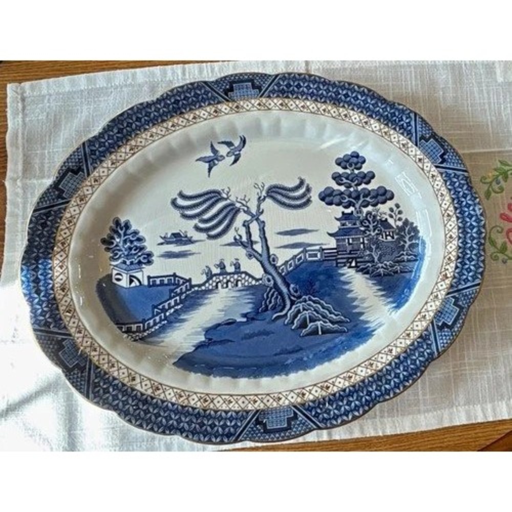 Booths Real Old Willow A8025 Blue Willow England Oval Turkey Platter 16" Vintage